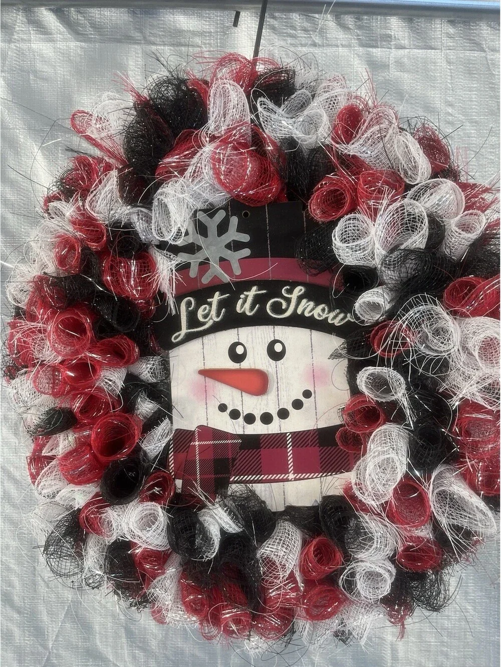 SNOWMAN ⛄ Let It Snow Christmas Winter Wreath Deco Mesh Burgundy Black White 17”